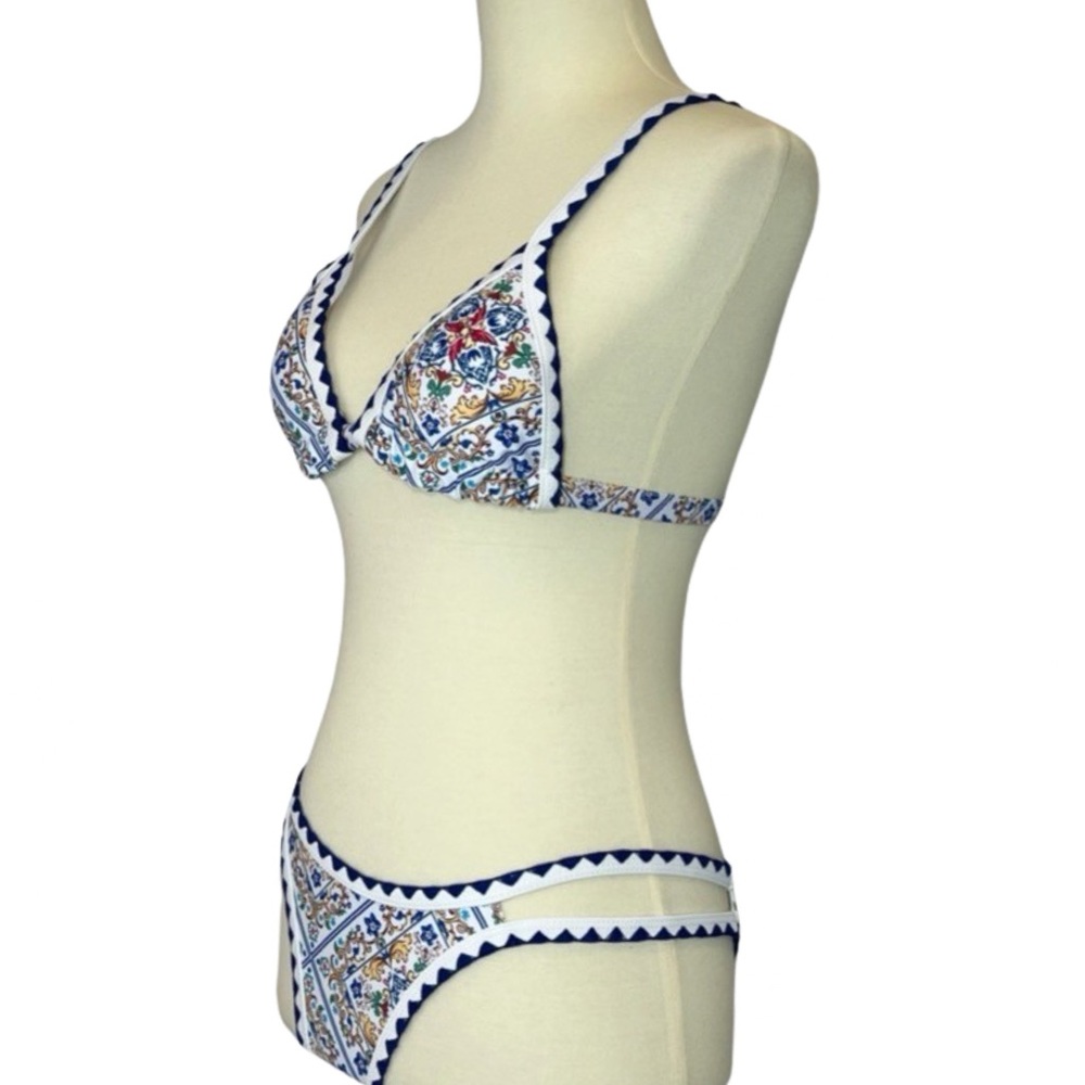 Boho White & Blue Floral Bandage Bikini with Rickrack - Picture 10 of 14